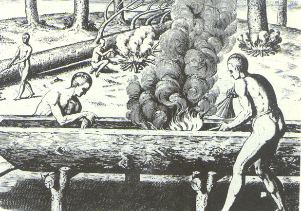 De Brys etching of Indians making boats